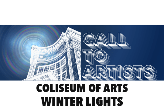 Call to Artists — Coliseum of Arts Winter Lights, with luminous architectural linework against a navy sky